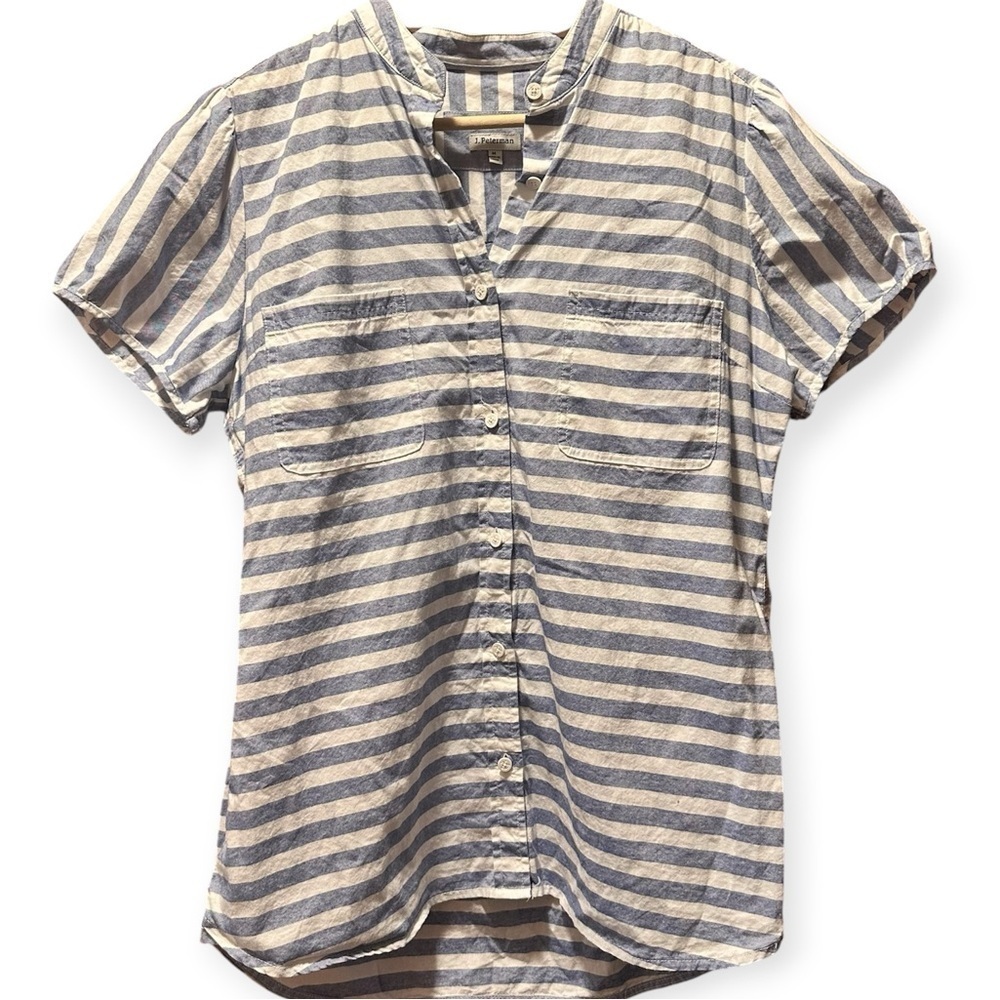 EUC J. Peterman Navy and White Striped Shirt